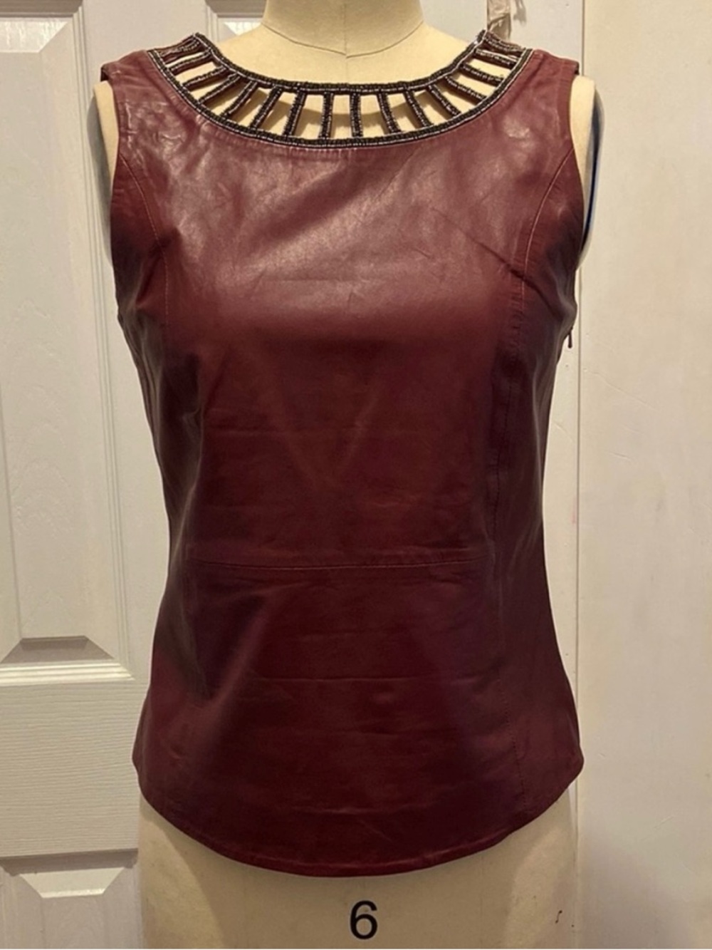MLV Sleeveless genuine Leather Top with Beaded Cutout Neckline - Burgundy
